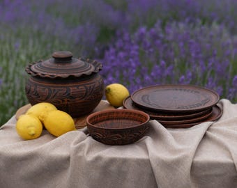Red Clay Pottery Set, Handmade Casserole, Plates & Bowls, Eco Tableware Gift for Wedding, Rustic Kitchen Decor, Grandma Gift, New House Gift