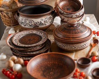 Large Handmade Clay Pottery Set – Rustic Ceramic Cookware & Dinnerware with Bowls, Plates and Clay Pots
