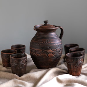 Red Clay Pitcher Wine, Stoneware Engraved Ceramic Jug, Drink Pitcher with Handle for Juice, Housewarming Gift Pottery, Rustic Water Jug