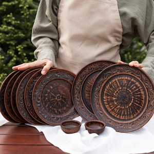 Large Rustic Clay Dinnerware Set – Handmade Plates & Bowls – Eco Pottery Table Set, Sustainable Clay Gift for Family Gatherings