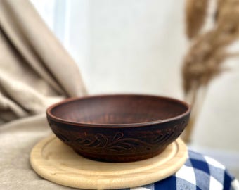 Rustic Deep Red Clay Bowl, Handmade Traditional Pottery Bowl for Salad, Farmhouse Kitchen Decor, Artisan Tableware, Terracotta Serving Dish