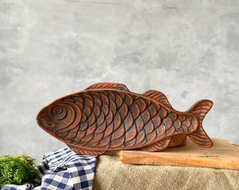 Handmade Fish Shaped Ceramic Dish, Red Clay Serving Platter, Rustic Kitchen Decor, Artisan Pottery Gift, Traditional Ukrainian Platter