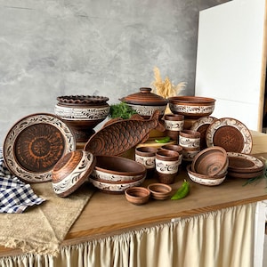Rustic Farmhouse Christian Engobe Pottery Set, Terracotta Easter Tableware, Handmade Clay Dinnerware, Artisan Kitchen Dishes, Ukrainian Gift