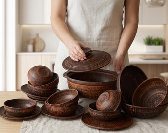 Rustic Ceramic Tableware Set, Traditional Folk Pottery Set, Ethnic Kitchenware, Natural Red Clay Cookware, Housewarming Gift, Wedding Gift
