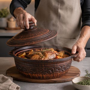 Op de afbeelding: Een ronde kookpot van donkerbruine klei met een bijpassend deksel dat op een kier staat. De buitenkant is voorzien van een decoratief reliëfpatroon rond de basis. Binnenin is een dampend gerecht met vlees en groenten zichtbaar.