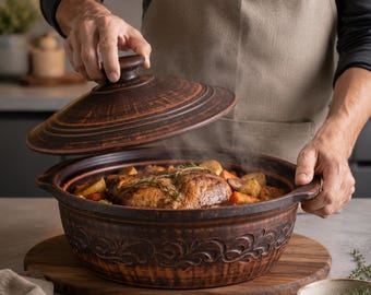 Deep Clay Frying Pan, Handmade Ceramic Baking Dish, Clay Cooking Skillet, Oven Casserole Cooker Crockery Tableware Utensil,Housewarming Gift