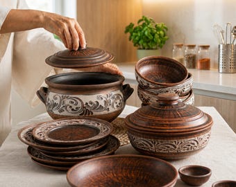 Red Clay Kitchenware Set for 6, Handmade Terracotta Pottery, Artisan Tableware Gift for Kitchen, Wedding, Rustic Cookware Gift