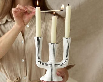 Handmade White Clay Candle Holder, Black Stripe Glazed Pottery, Handcrafted Candle Stand, Decorative Cozy Home Decor, Ceramic Candlestick