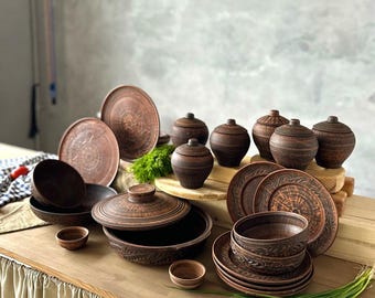 Handmade Pottery Kitchen Set, Rustic Ceramic Cookware, Artisan Red Clay Dinnerware Set-Baking Pot, Frying Pan, Plates, Bowls, Casserole Dish