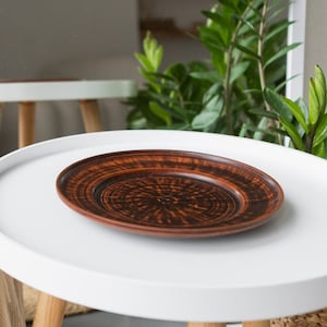 Handcrafted Clay Dinner Plate – Rustic Red Earthenware Plate with Carved Pattern, Eco Ceramic Dish for Serving or Decor, Rustic Gift