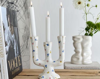 White Clay Candle Holder, Glazed Pottery, Handcrafted Candle Stand, Easter Home Decor Gift, Clay Art Decoration, Mothers Day Ceramic Gift