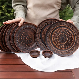 Small Wholesale Set of Clay Plates, Handmade Terracotta Dinnerware from Ukraine, Rustic Pottery Tableware – Plates + 2 Sauce Bowls