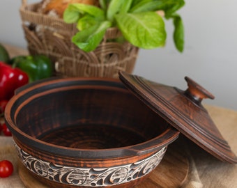 Red Clay Casserole Dish with Lid, Rustic Earthenware Pottery, Handmade Artisan Ceramic Kitchenware, Frying Pan with lid, Terracotta Pot