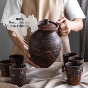 READY TO SHIP, Red Clay Pitcher Wine, Pottery Water Jug, Jug with Handle, Unglazed Terracotta Drinkware, Rustic Kitchen Decor, Grandma Gift