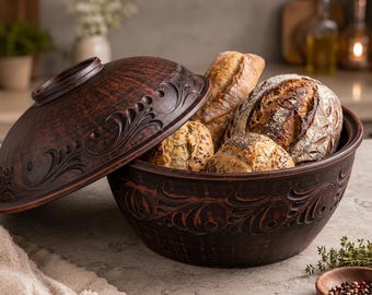 Handmade Ukrainian Red Clay Breadbox with Lid, Pottery bowl with lid, Rustic Terracotta Bread Keeper, Farmhouse Kitchen Storage, Bread Bin