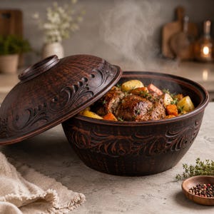 May include: A dark brown clay cooking pot with a matching lid, featuring embossed scrollwork patterns. The pot is filled with a steaming roasted meat dish, including chunks of potatoes and carrots, garnished with fresh green herbs.