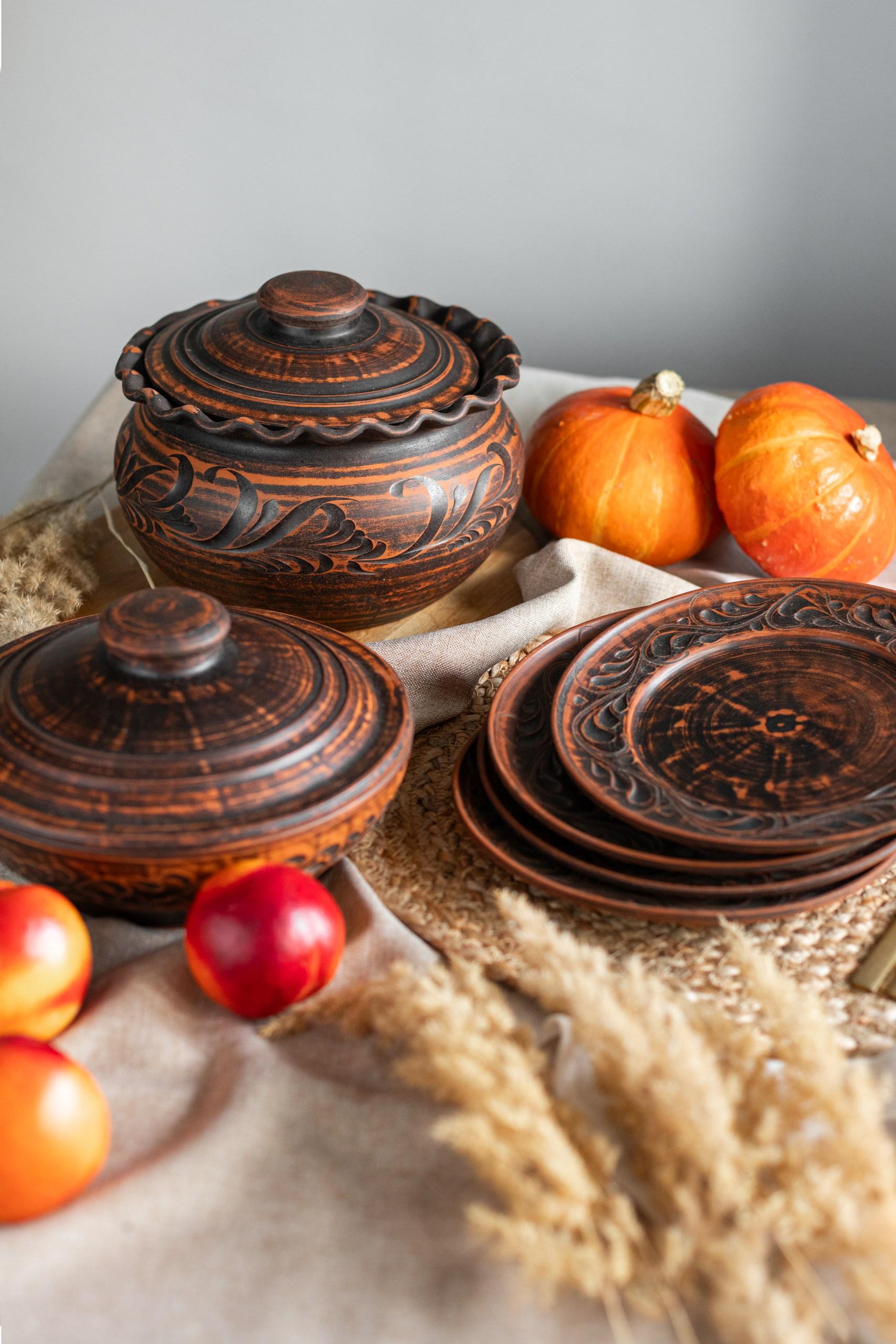 Clay Tableware Handcrafted Red Clay Dinnerware Set, Rustic Pottery Cookware & Serving ...