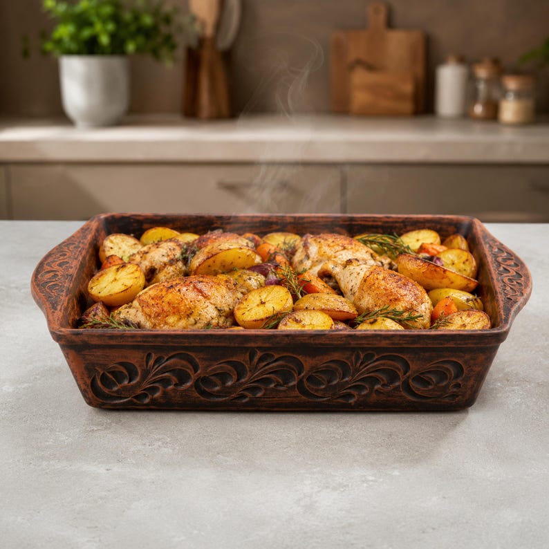 May include: A rectangular brown clay baking dish with an embossed floral pattern along the sides, filled with roasted chicken pieces, golden potatoes, and fresh green herbs, with visible steam rising from the hot cooked meal.