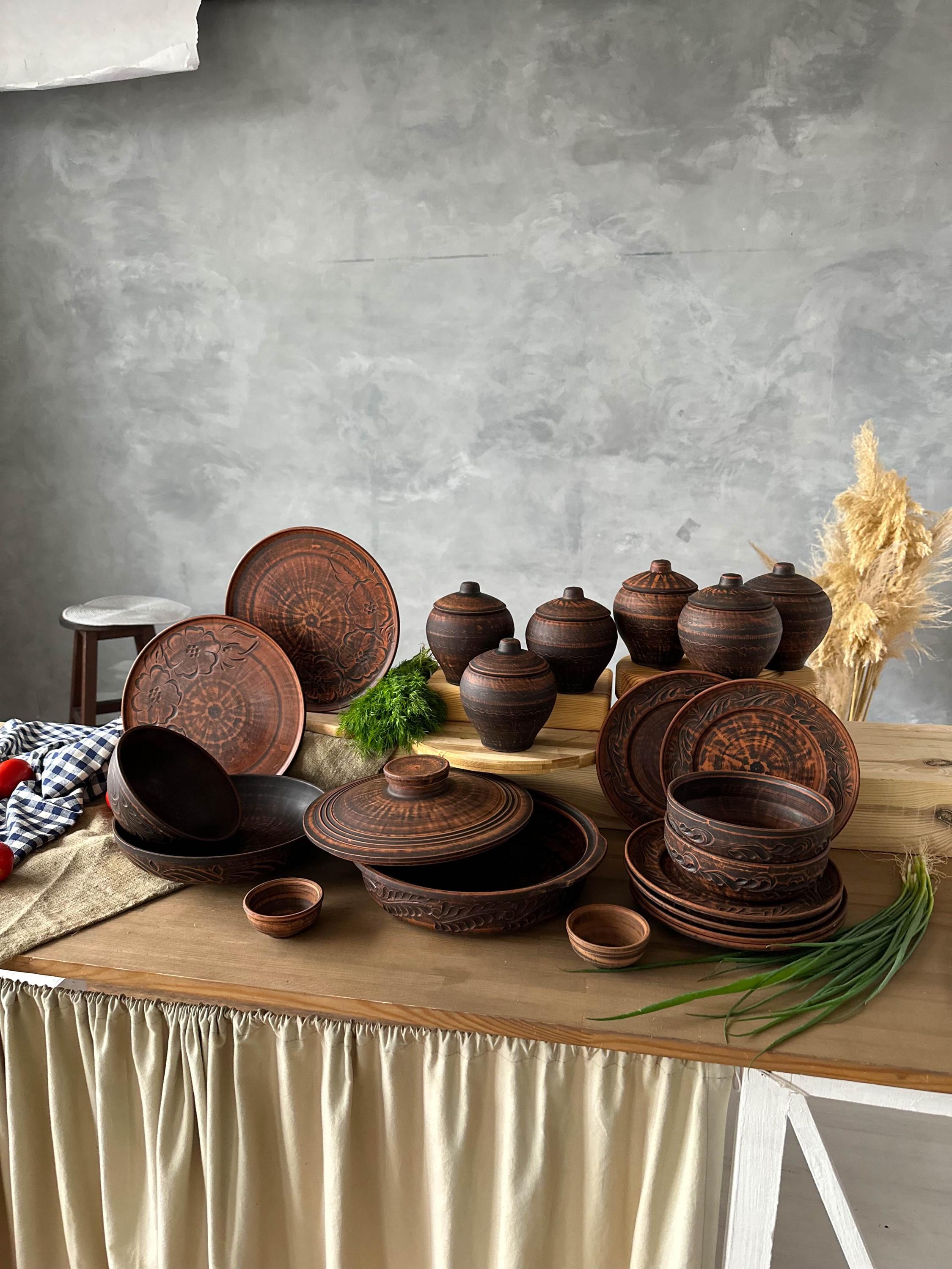 Handmade Pottery Kitchen Set, Rustic Ceramic Cookware, Artisan Red Clay ...