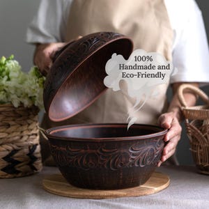 Panera de barro hecha a mano con tapa, panera rústica grande, panera de cerámica ucraniana, cuenco de barro para hornear, decoración de almacenamiento, lista para enviar