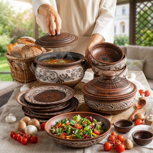 May include: A collection of brown clay dinnerware featuring intricate cream-colored floral patterns. The set includes a lidded soup pot, several plates, bowls, and a large serving bowl filled with a fresh salad, all arranged on a linen tablecloth.