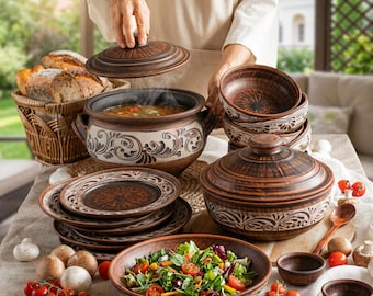 Large Handmade Clay Pottery Set, Rustic Ceramic Cookware & Dinnerware with Bowls, Plates and Clay Pots, Artisan Tableware Kitchen Set