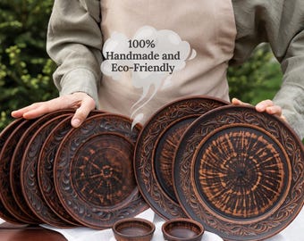 READY TO SHIP, Large Rustic Clay Dinnerware Set, Handmade Plates & Bowls, Eco-friendly Pottery Tableware Set, Rustic Terracotta Kitchen Gift