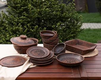 Terracotta Dinnerware Set for 6, Handcrafted Red Clay Plates, Bowls, Lidded Pot & Baking Dish, Rustic Ceramic Table Set, Handmade Tableware