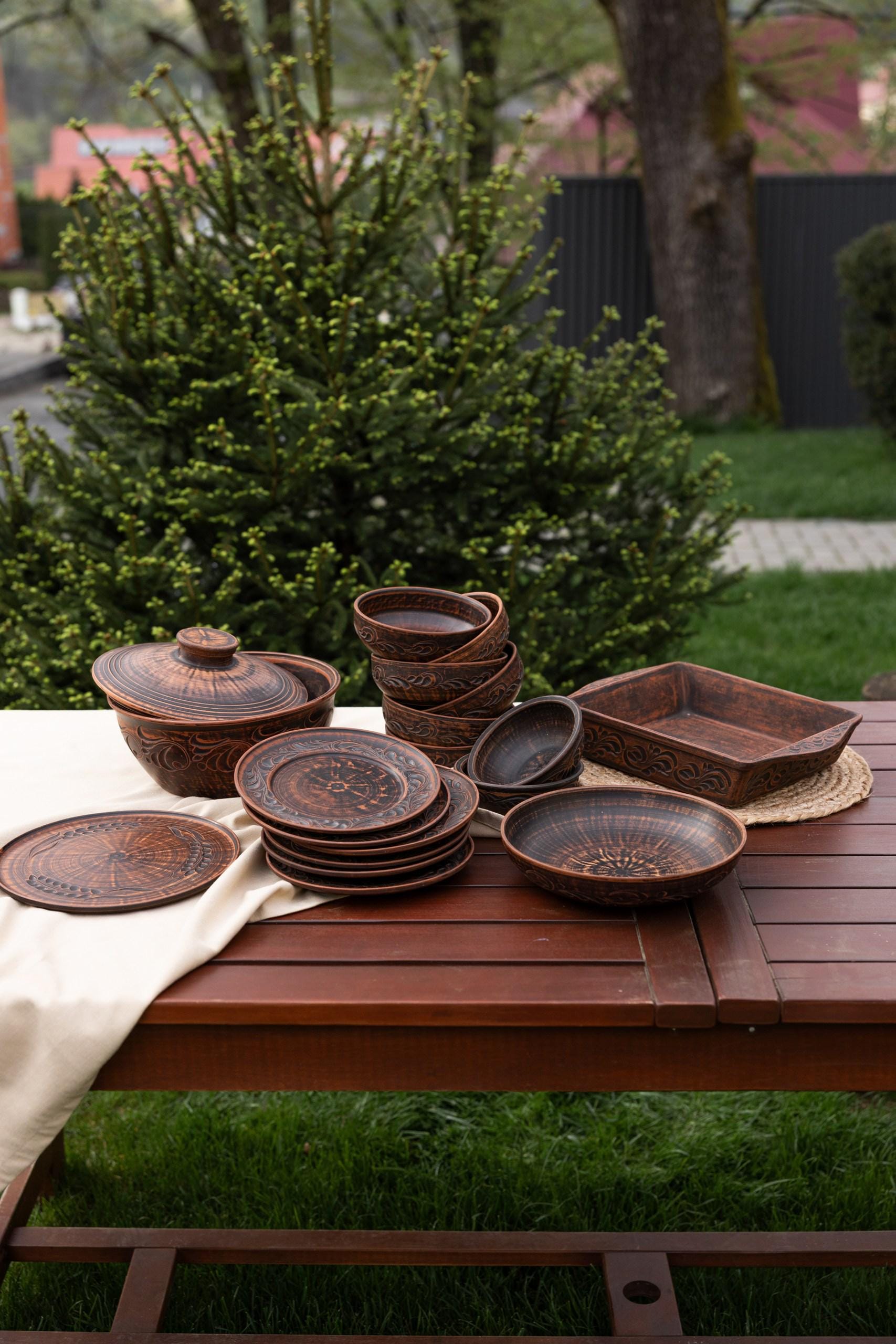 Terracotta Dinnerware Set for 6, Handcrafted Red Clay Plates, Bowls, Lidded Pot & Baking Dish, Rustic Ceramic Table Set, Handmade Tableware