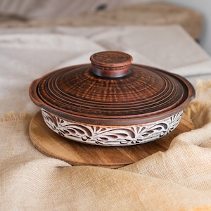 Clay frying pan with lid, Pan with handles, Terracotta pot, Clay cooking pot, Ceramics kitchenware, Clay stone with handles, Clay Pot