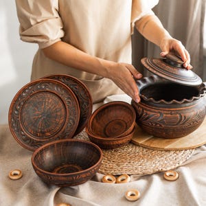 Red Clay Tableware Set, Eco-friendly Natural Clay Kitchenware, Terracotta Dinnerware, Ukrainian Traditional Pottery, Earthenware Dish Set