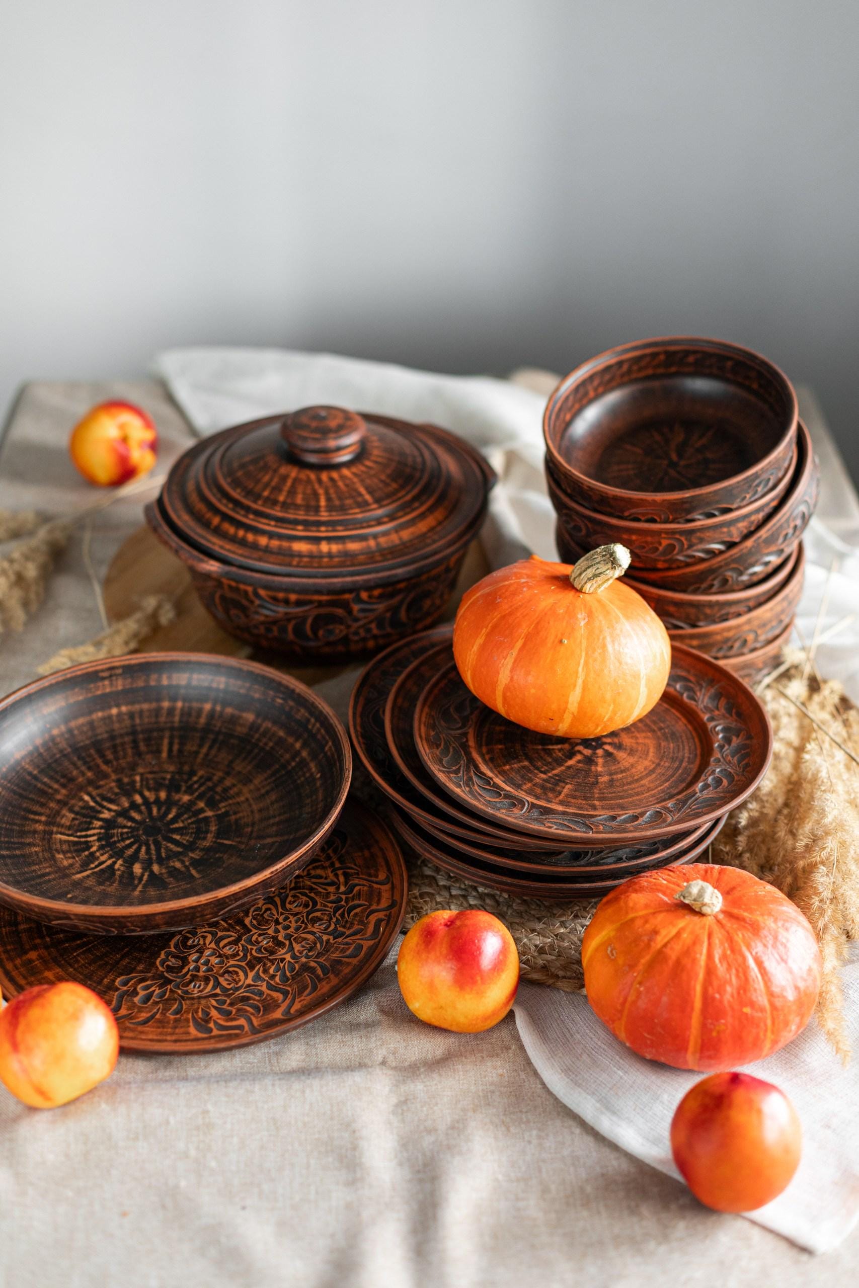 Wholesale Clay Dinnerware Set for 6, Handcrafted Rustic Tableware, Deep Plates, Ceramic Bowls & Pot, Terracotta Kitchen Gift Set