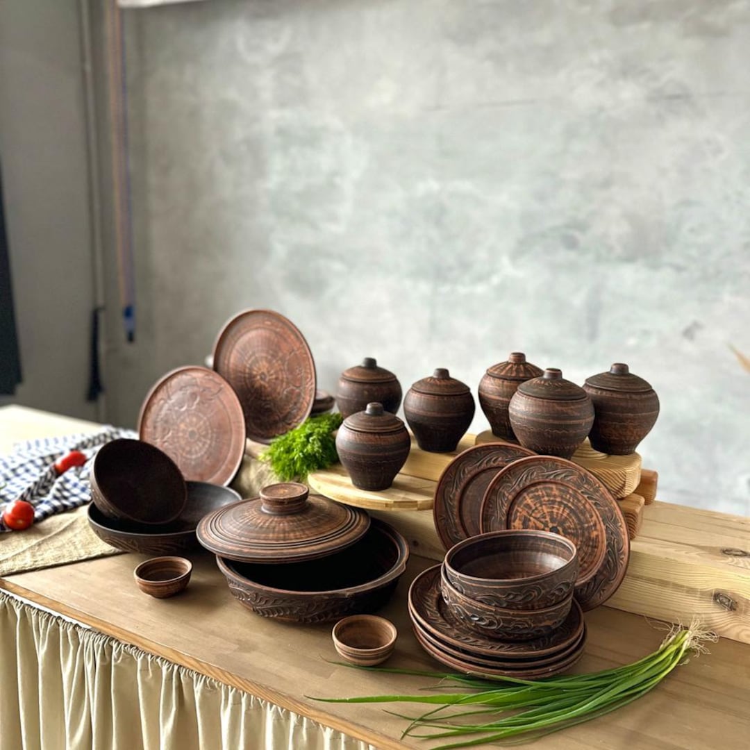Handmade Pottery Kitchen Set, Rustic Ceramic Cookware, Artisan Red Clay ...