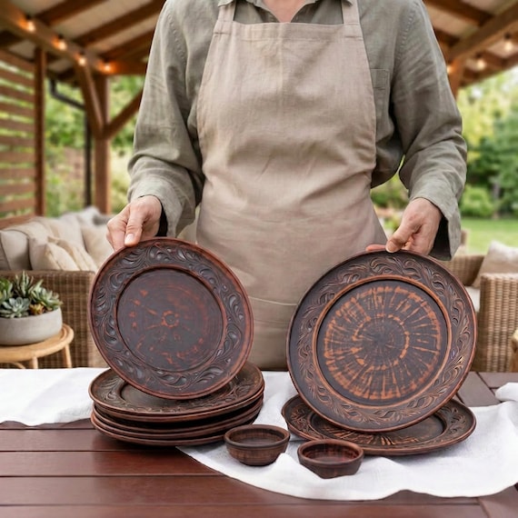 Nachhaltige handgefertigtes Geschirr-Set aus rotem Ton, rustikale Terrakotta-Töpferware, Küchengeschirr, christliches Hochzeitsgeschenk, Einweihungsgeschenk