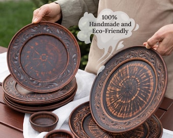 READY TO SHIP, Handmade Ukrainian Terracotta Dinnerware Set, Wholesale Set of Clay Plates, Rustic Pottery Tableware, Rustic Kitchen Gift