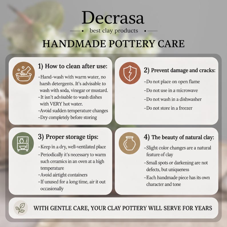 May include: An informational graphic titled Decrasa best clay products HANDMADE POTTERY CARE. It features four numbered sections with icons detailing cleaning, damage prevention, storage, and natural clay characteristics for pottery maintenance.