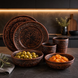 May include: A set of dark brown and black clay dinnerware featuring two large plates, two bowls, and two cups. The pieces have a textured, rustic finish with embossed leaf patterns along the rims and a dark, swirling wood-grain effect in the centres.
