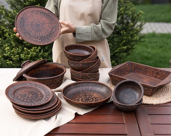 Terracotta Dinnerware Set for 6, Handcrafted Red Clay Plates, Bowls, Lidded  Pot Baking Dish, Rustic Ceramic Table Set, Handmade Tableware