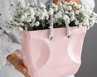 Pink Ceramic Purse Vase with Soft Rope Handles, Pottery Bag-Shaped Vase, Handbag Shaped Flower Pot, Wedding Gift, Home Decor Gift