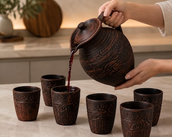 READY TO SHIP, Red Clay Pitcher Wine, Pottery Water Jug, Jug with Handle, Unglazed Terracotta Drinkware, Rustic Kitchen Decor, Grandma Gift