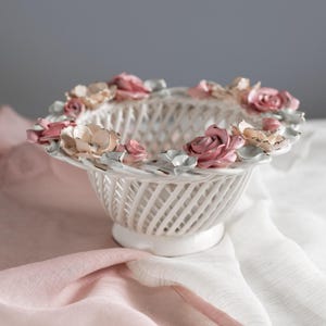 Vintage Ceramic Basket Bowl with with Pink Floral Details – Cottagecore Home Decor, Shabby Chic Glazed Porcelain Fruit Bowl, Table Decor