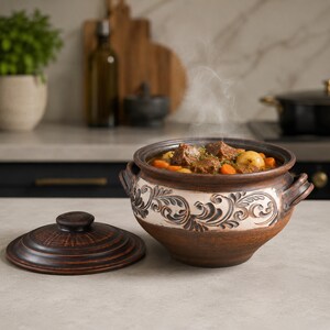 May include: A round, dark brown clay pot with two side handles and a matching lid. The pot features a wide, cream-colored band around the center decorated with an embossed, dark brown floral scroll pattern. It is filled with a steaming beef stew.
