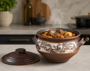 Terracotta Soup Pot with Lid, Carved Engobe Pottery Soup Tureen, Handmade Rustic Traditional Ukrainian Kitchen Dish, Artisan Cookware