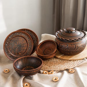 Natural Earthenware Set, Handmade Red Clay Soup Bowls & Lidded Pot, Rustic Ukrainian Ceramic Tableware, Eco-Friendly Pottery Set