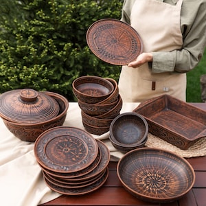 Large Clay Pottery Set with Lids – Rustic Cookware & Dinnerware for Kitchen or Gift – Handmade Red Clay Dish Set, Handmade Pottery