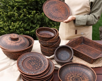 Full Red Clay Tableware Set for 6, Terracotta Plates, Bowls, Lidded Pots & Serving Dishes, Rustic Ukrainian Dinnerware Set, Handmade Pottery
