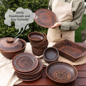PRONTO PER LA SPEDIZIONE, Set completo di stoviglie in argilla rossa per 6 persone, piatti in terracotta, ciotole, pentole con coperchio, set di stoviglie rustiche ucraine, ceramiche fatte a mano