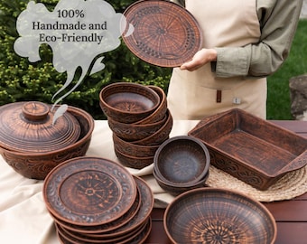 LISTO PARA ENVIAR, Juego completo de vajilla de arcilla roja para 6 personas, platos de terracota, cuencos, ollas con tapa, vajilla rústica ucraniana, cerámica hecha a mano