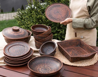 Terracotta Dinnerware Set for 6, Handcrafted Red Clay Plates, Bowls, Lidded Pot & Baking Dish, Rustic Ceramic Tableware, Handmade Pottery