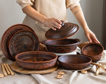 Rustic Terracotta Kitchenware Set, Easter Table Pottery Set, Ukrainian Ceramic Dinnerware, Plates, Bowls, Lidded Pot, Handmade Tableware Set